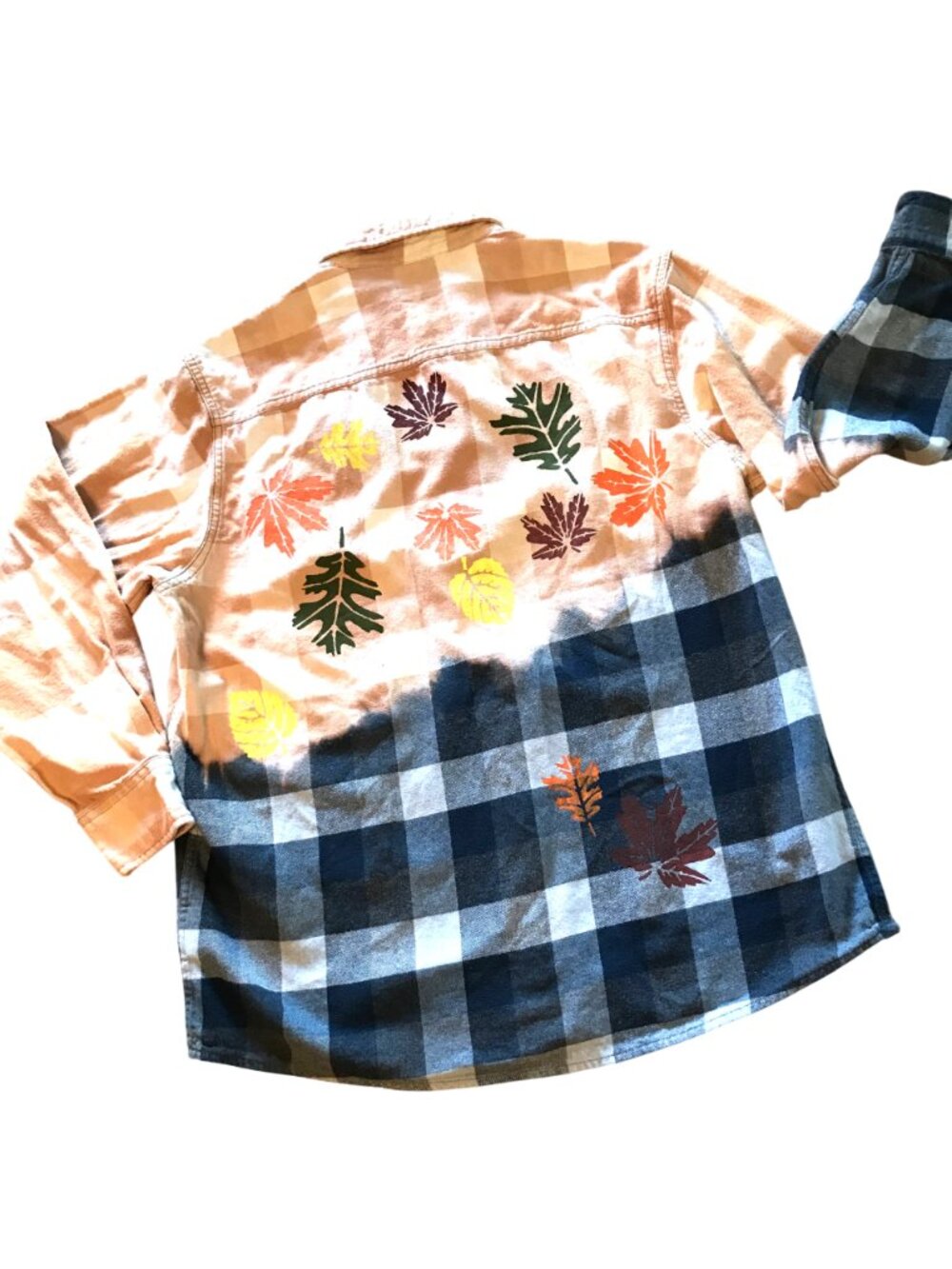Bleached Flannel Shirt Autumn Upcycled, Painted Fall Leaves Size Large